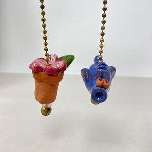 Clay Art Light Fan Pull Chain Set of 2 Fish Potted Plant Decor‎ Artsy Painted